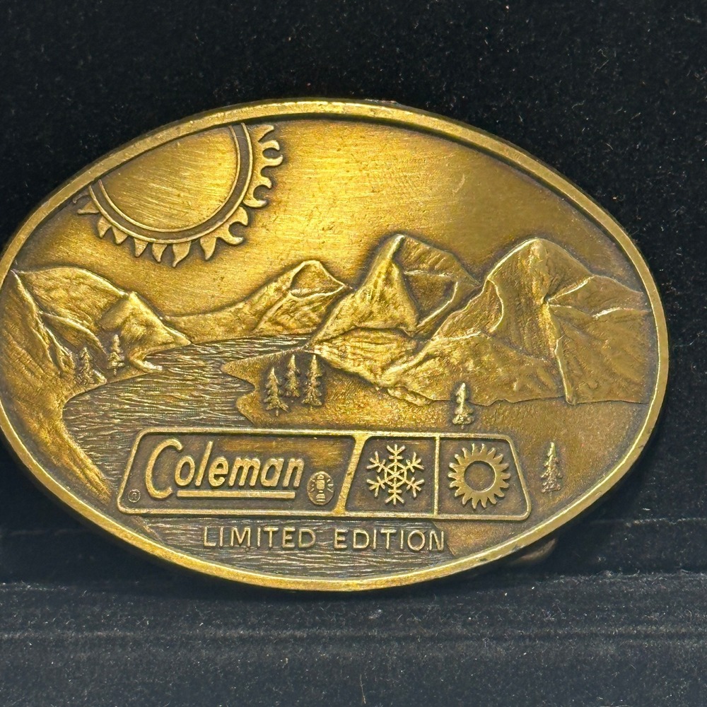 Vintage Coleman Limited Edition Belt Buckle Mountain Lake Camping Outdoor Brass